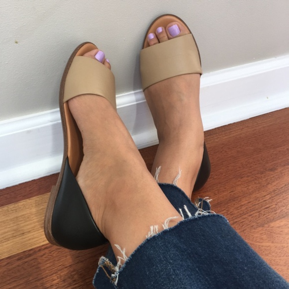 J. Crew Factory Two-Tone Beige and Black Leather Slide Flats